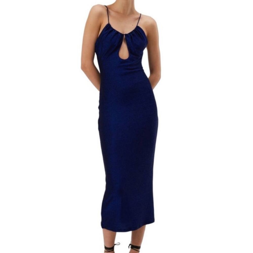 Misha Marlow Midi Dress Low Back Sleeveless Scoop Neckline Navy Blue W 12 NWOT